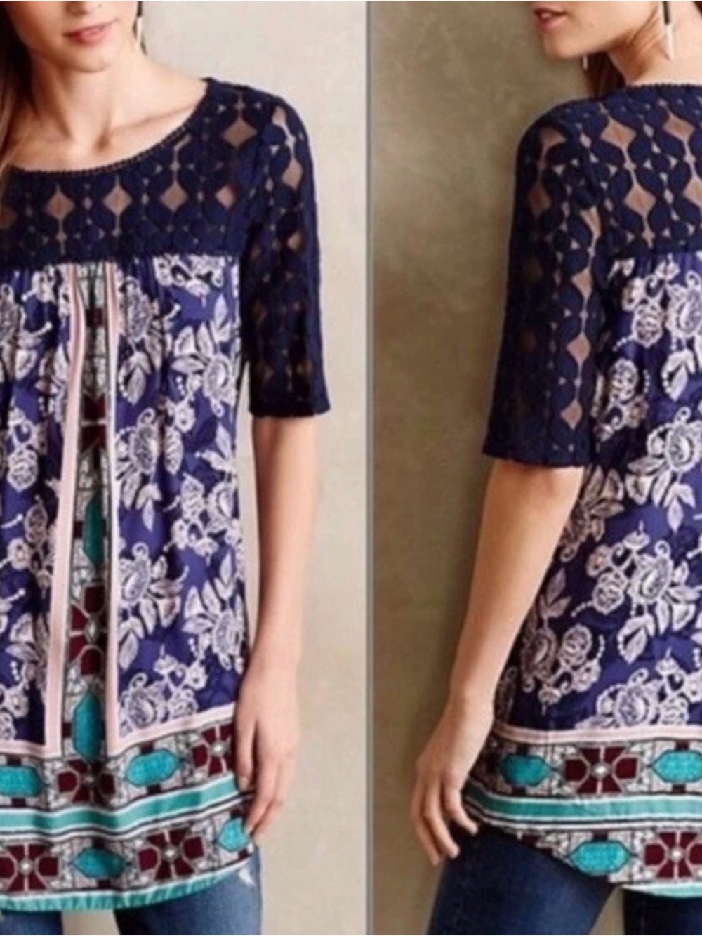Floral Lace-Yoke Tunic Top